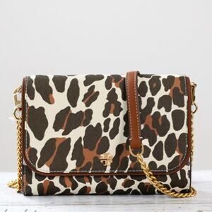 Tory Burch Emerson Printed Chain Wallet in Beige Reva Leopard NWT